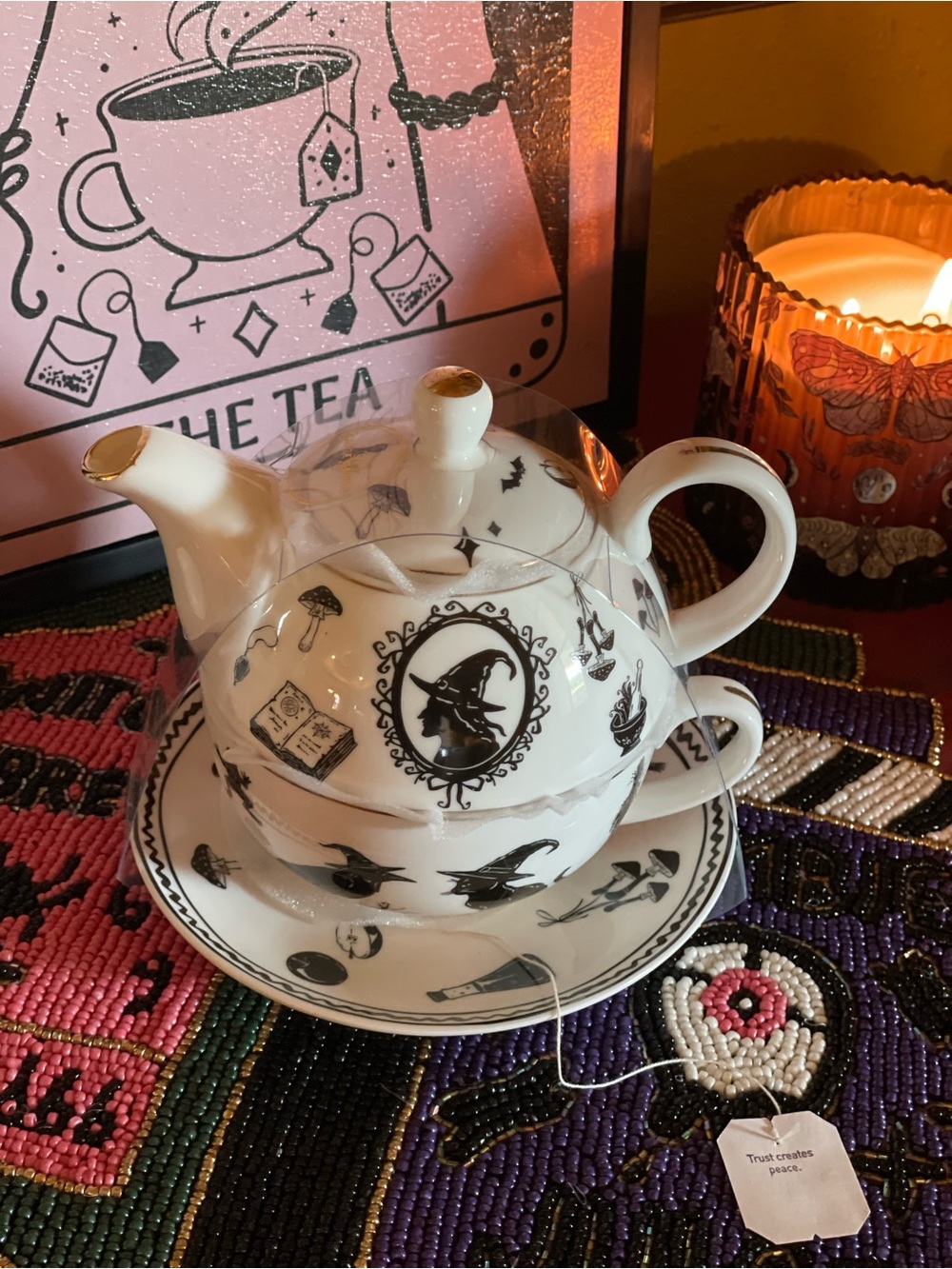 GRACE TEAWARE NWT Porcelain Witch Silhouette Tea For One Teapot Stacking Set